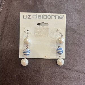 Liz Claiborne Pearl and Striped Blue Earrings